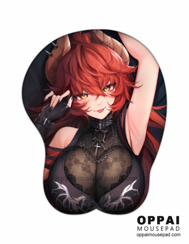 Red Haired Horned Girl Anime Boob Mouse Pad